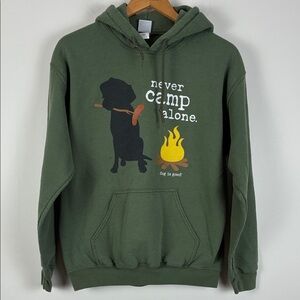 Dog is Good Hoodie Campfire Graphic Green Womens Medium Camping Never Camp Alone